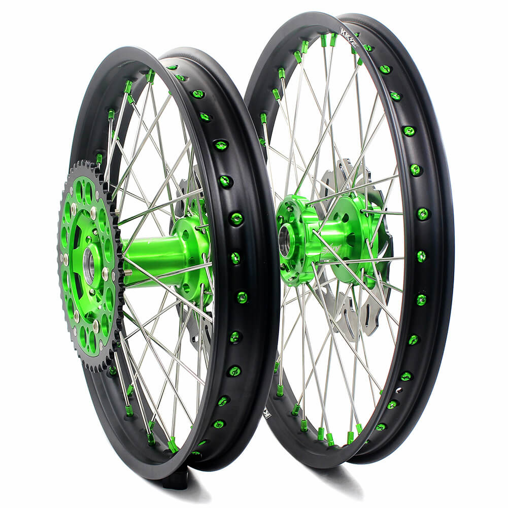 KKE 21 & 19 MX Wheels for Kawasaki KX250F 2019 and 2021 Green Nipple(2020 Excluded)