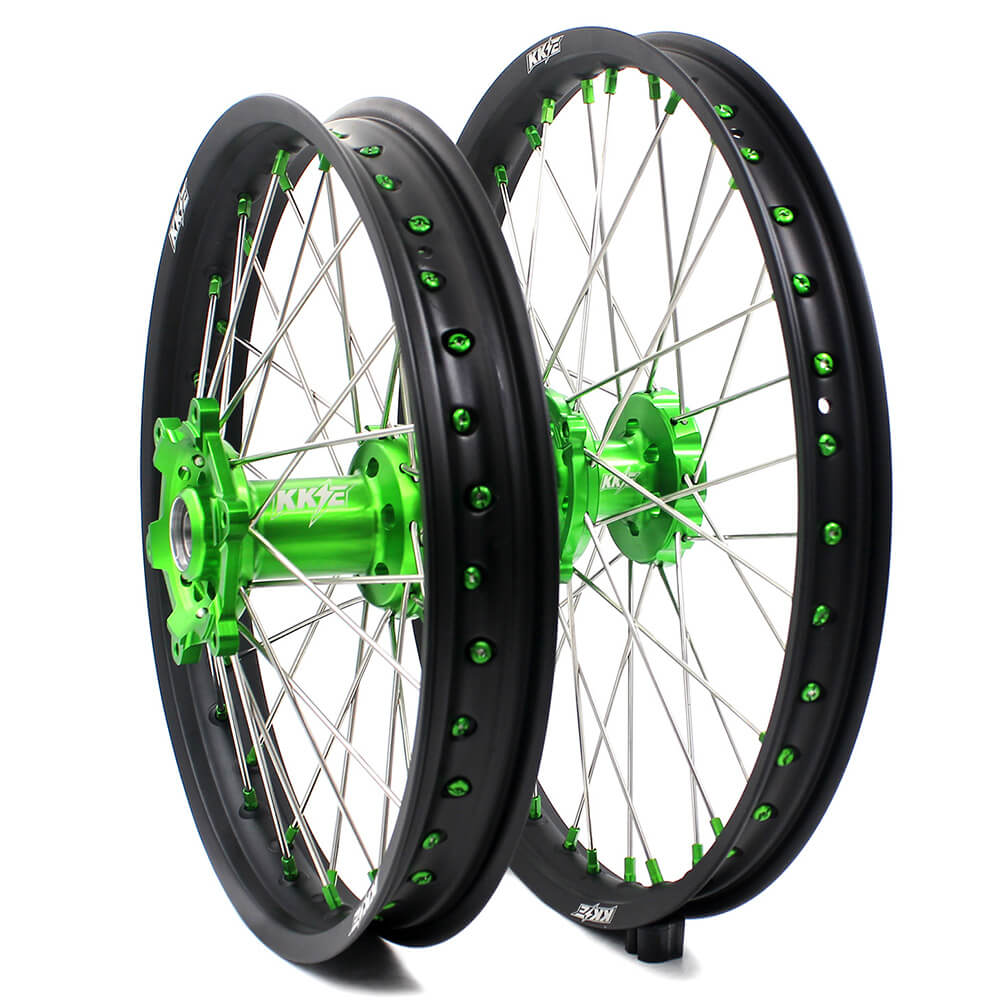 KKE 21 & 19 MX Wheels for Kawasaki KX250F 2019 and 2021 Green Nipple(2020 Excluded)