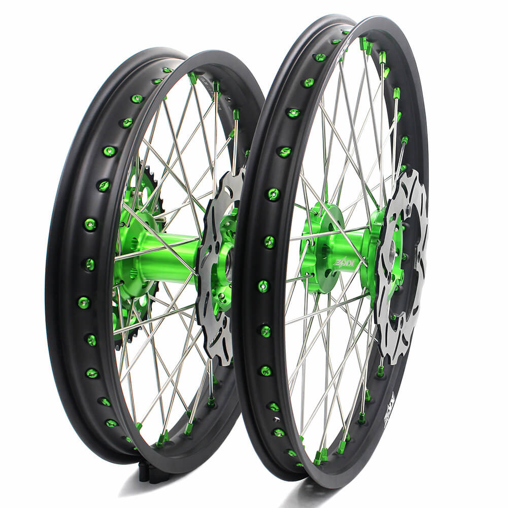 KKE 21 & 19 MX Wheels for Kawasaki KX250F 2019 and 2021 Green Nipple(2020 Excluded)