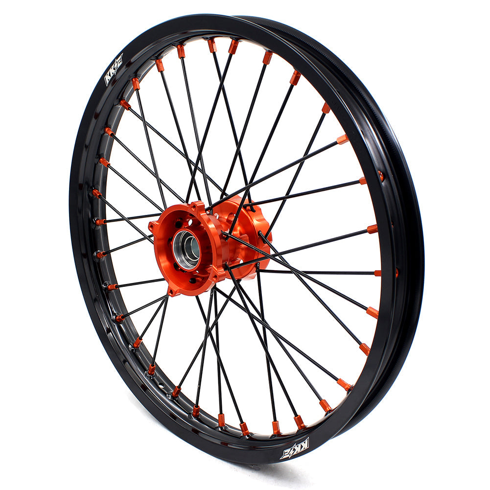 KKE 17/14 Spoked Kid's Small Wheels For KTM SX85 2021-2024 Orange Nipples & Black Spokes