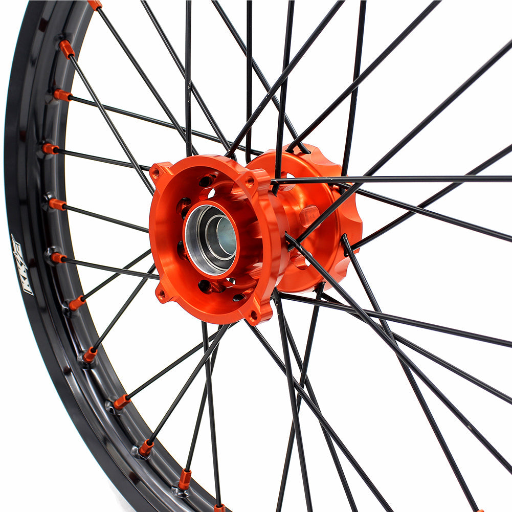 KKE 17/14 Spoked Kid's Small Wheels For KTM SX85 2021-2024 Orange Nipples & Black Spokes