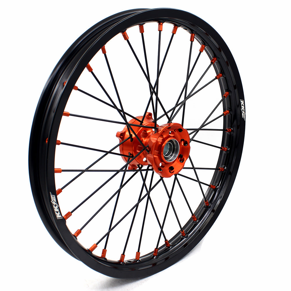 KKE 17/14 Spoked Kid's Small Wheels For KTM SX85 2021-2024 Orange Nipples & Black Spokes