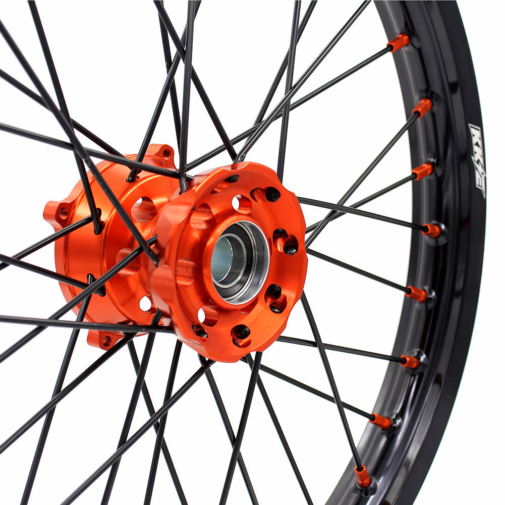 KKE 17/14 Spoked Kid's Small Wheels For KTM SX85 2021-2024 Orange Nipples & Black Spokes