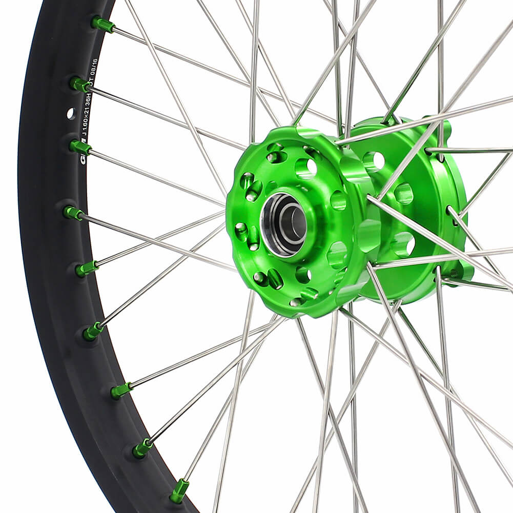 KKE 21 & 19 MX Wheels for Kawasaki KX250F 2019 and 2021 Green Nipple(2020 Excluded)