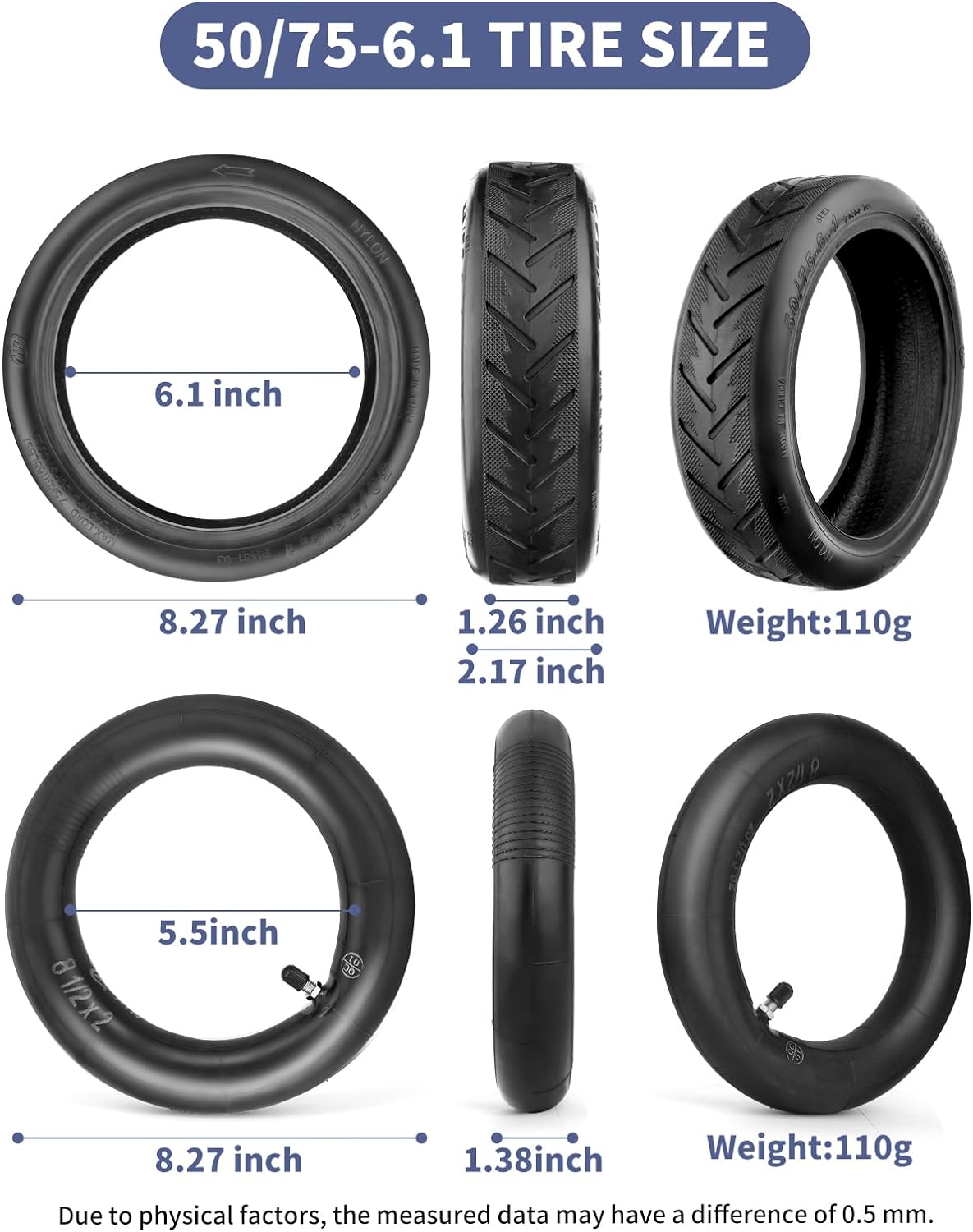 Tire & tube for 8.5in Scooter wheel, 50/75-6.1 Tire (Individual)