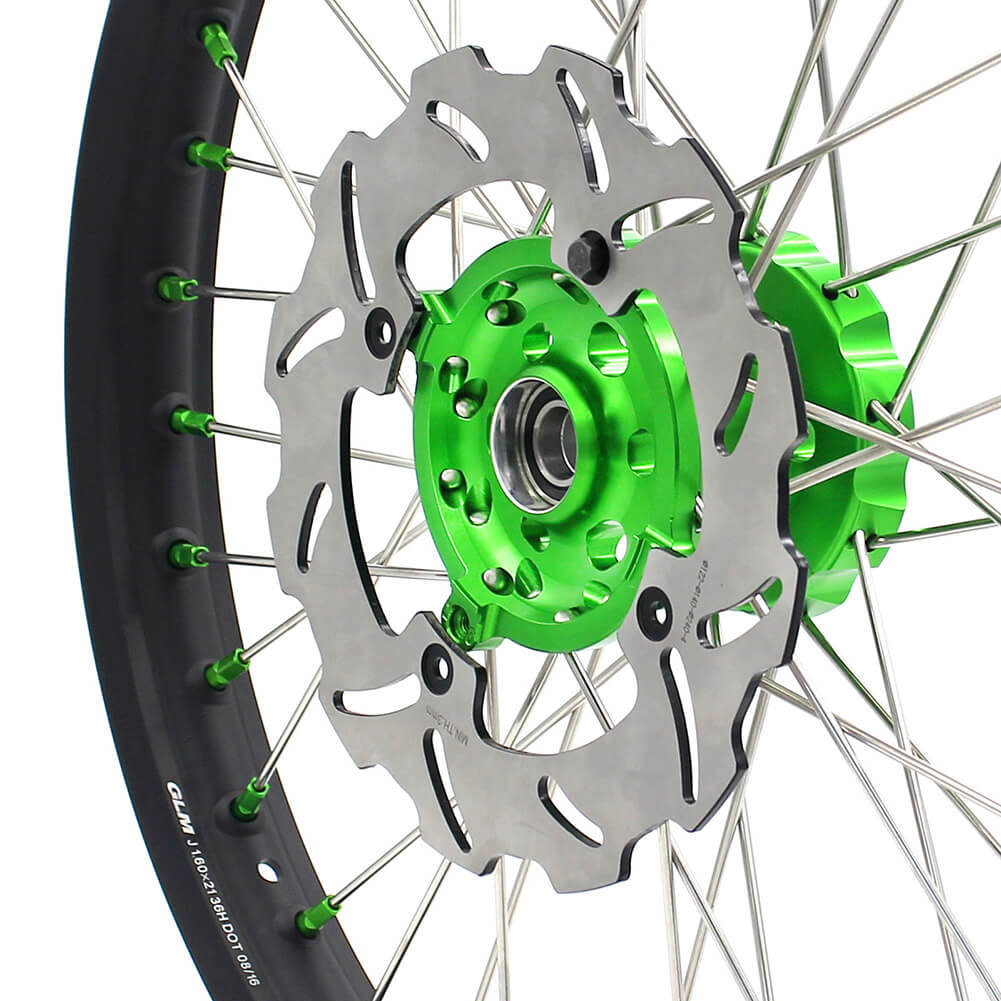 KKE 21 & 19 MX Wheels for Kawasaki KX250F 2019 and 2021 Green Nipple(2020 Excluded)