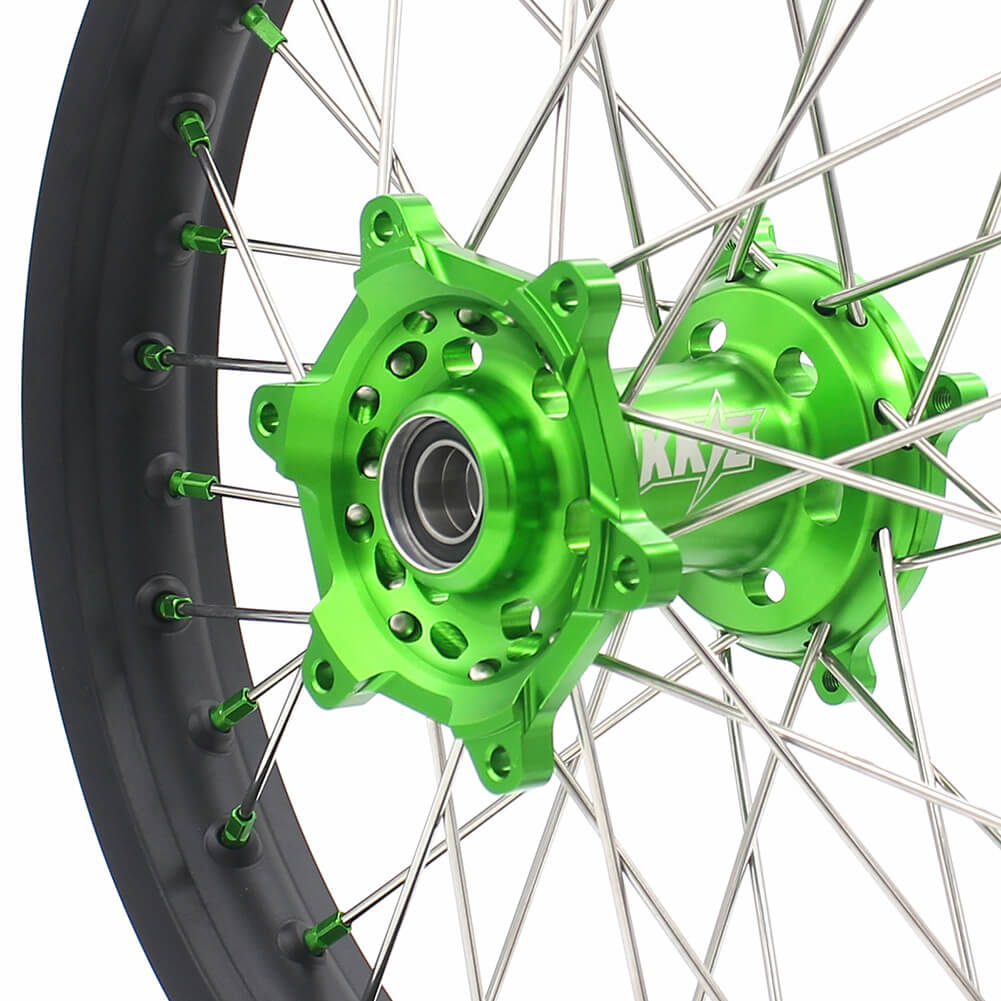 KKE 21 & 19 MX Wheels for Kawasaki KX250F 2019 and 2021 Green Nipple(2020 Excluded)