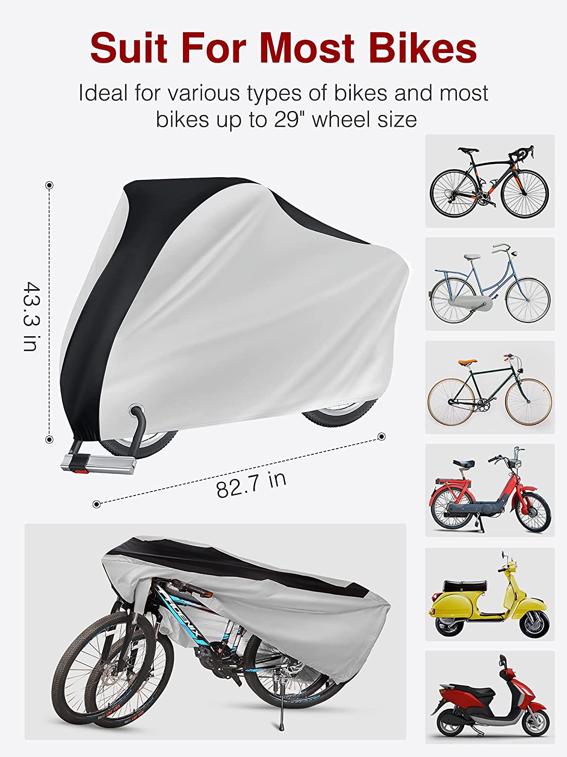 Bike Cover Outdoor Waterproof, Covers Rain Sun UV Dust Wind Proof with Lock Hole for Mountain Road Electric Bike