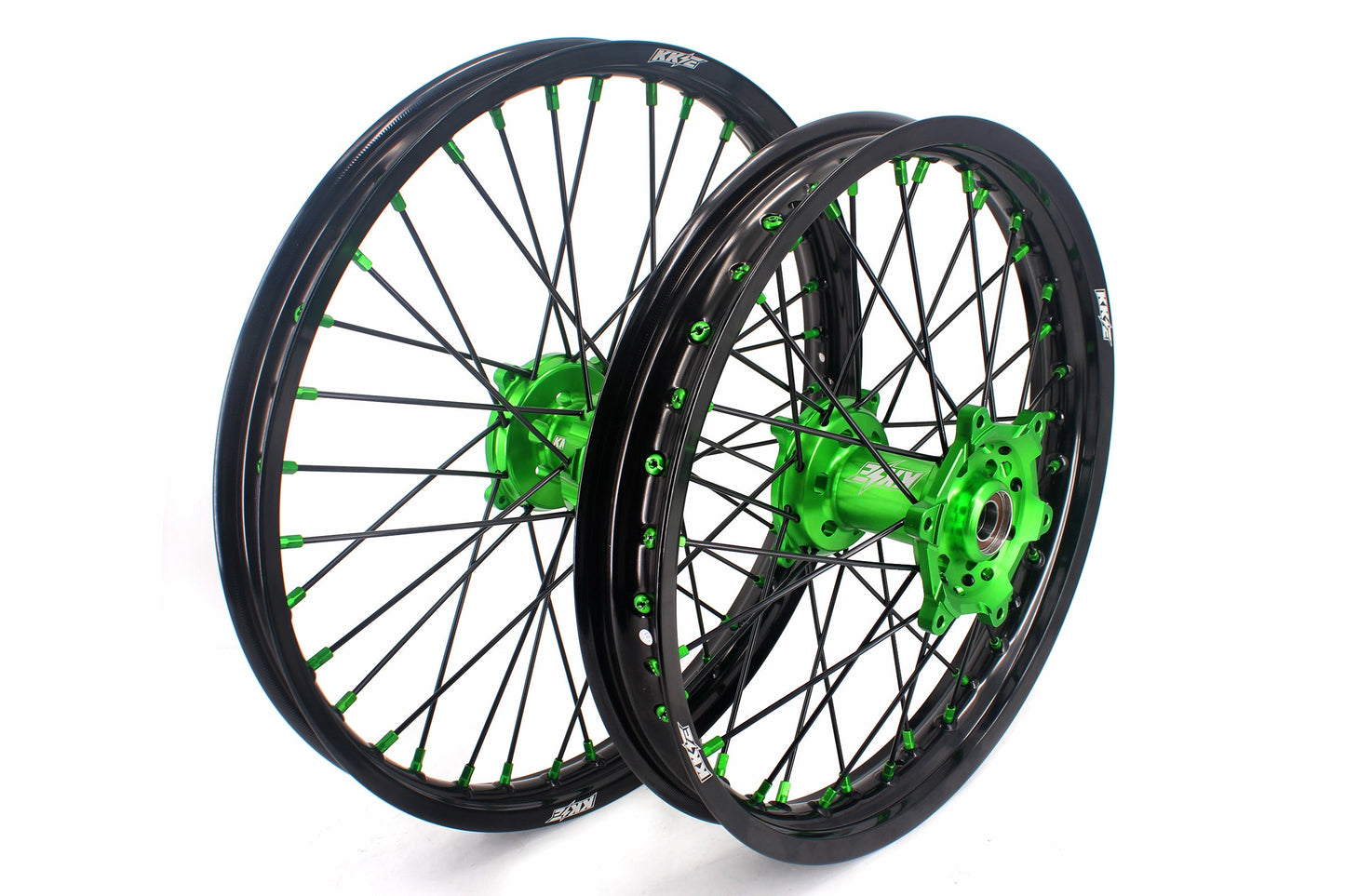 KKE 1.6*21 & 2.15*18 Wheels Rims Fit Kawasaki KX450 2019-2023 KX450X 2021-2023 Green Nipples & Black Spokes