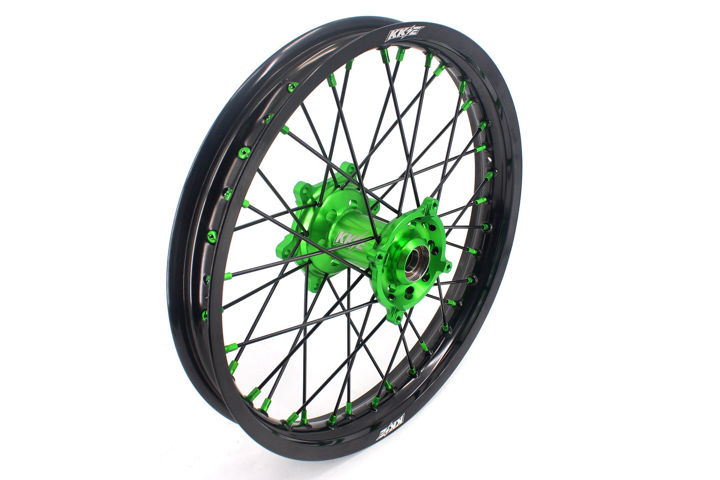 KKE 1.6*21 & 2.15*18 Wheels Rims Fit Kawasaki KX450 2019-2023 KX450X 2021-2023 Green Nipples & Black Spokes