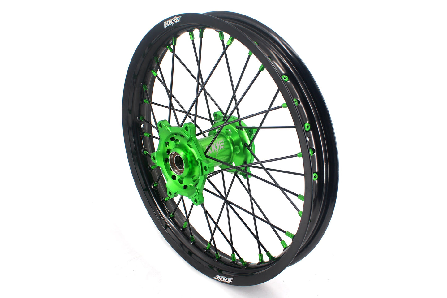KKE 1.6*21 & 2.15*18 Wheels Rims Fit Kawasaki KX450 2019-2023 KX450X 2021-2023 Green Nipples & Black Spokes