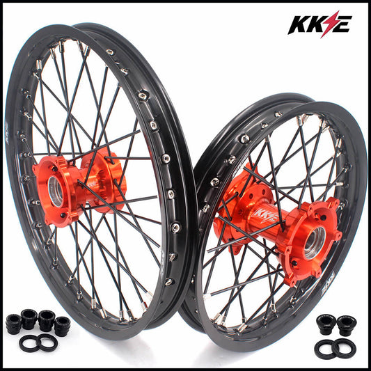 KKE 17 & 14 Small Kids Wheels Rims for KTM 85 SX 2021-2024 Orange Hub Black Spoke