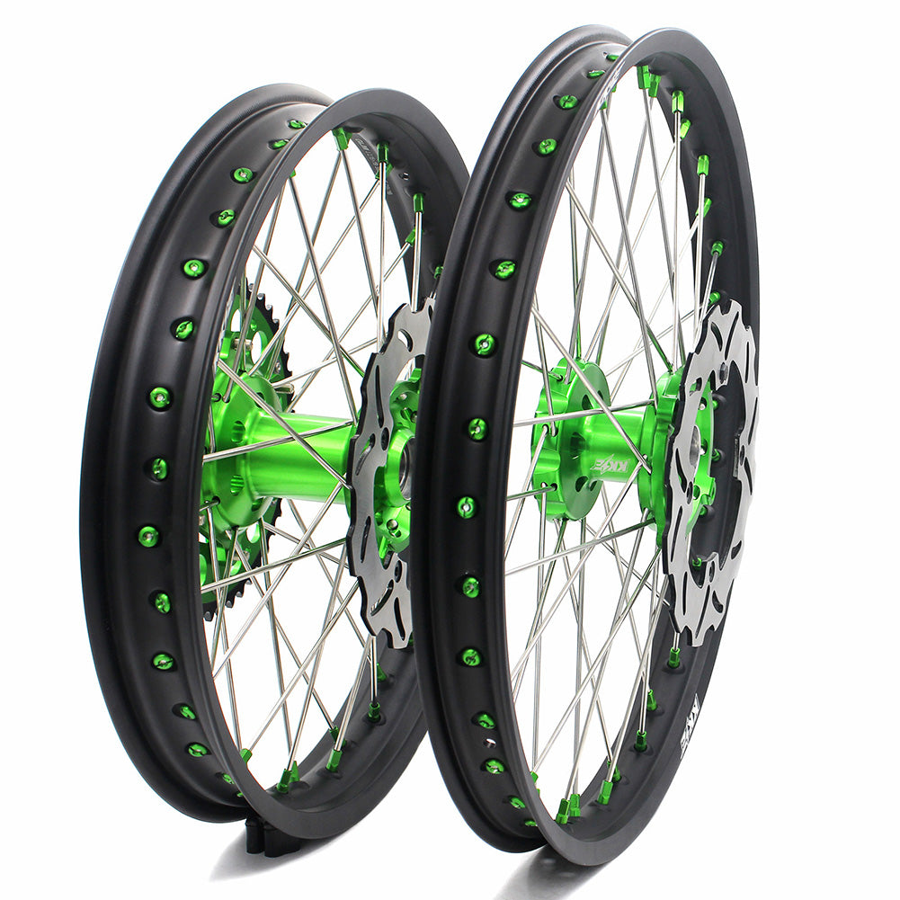 KKE 21 & 19 MX Wheels for Kawasaki KX250F 2019 and 2021 Green Nipple(2020 Excluded)