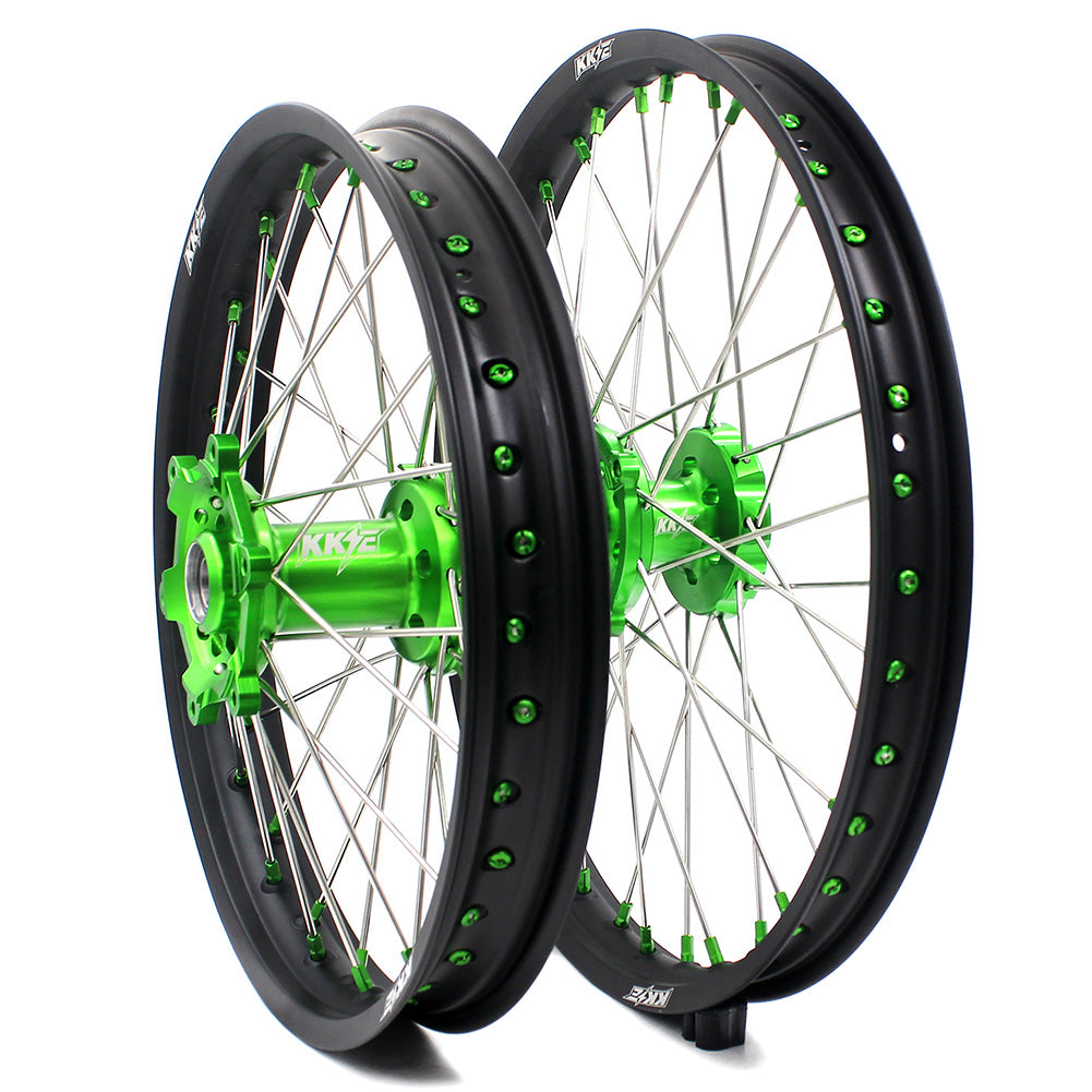 KKE 21 & 19 MX Wheels for Kawasaki KX250F 2019 and 2021 Green Nipple(2020 Excluded)