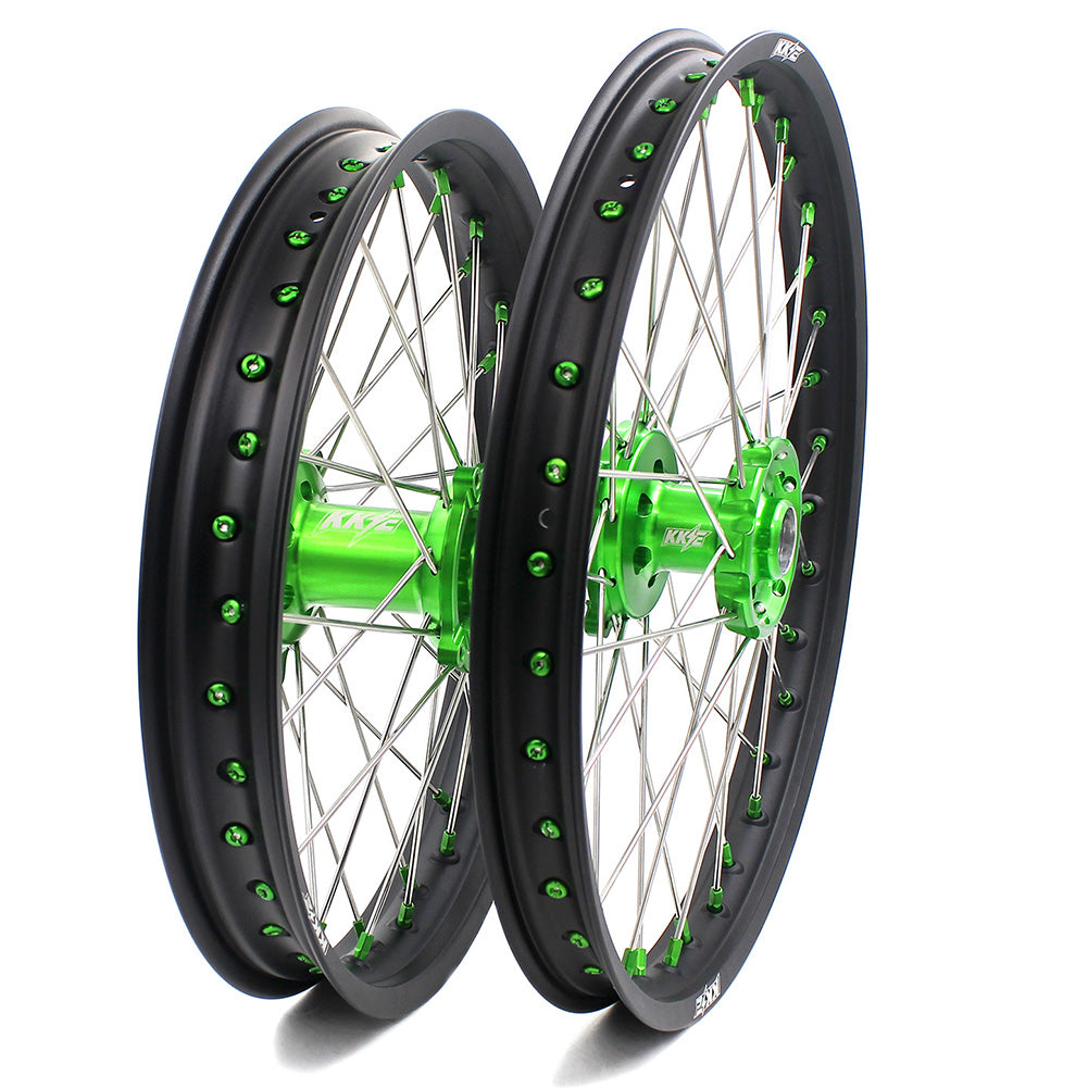 KKE 21 & 19 MX Wheels for Kawasaki KX250F 2019 and 2021 Green Nipple(2020 Excluded)