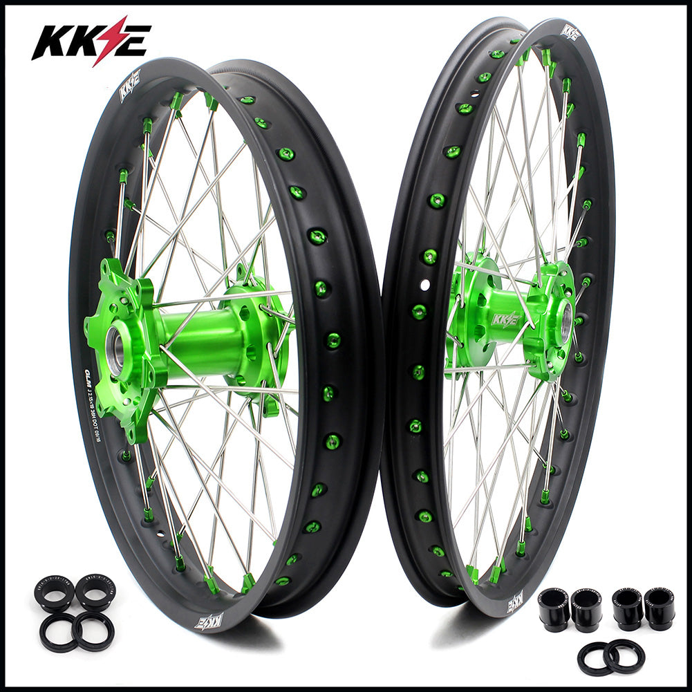 KKE 21 & 19 MX Wheels for Kawasaki KX250F 2019 and 2021 Green Nipple(2020 Excluded)