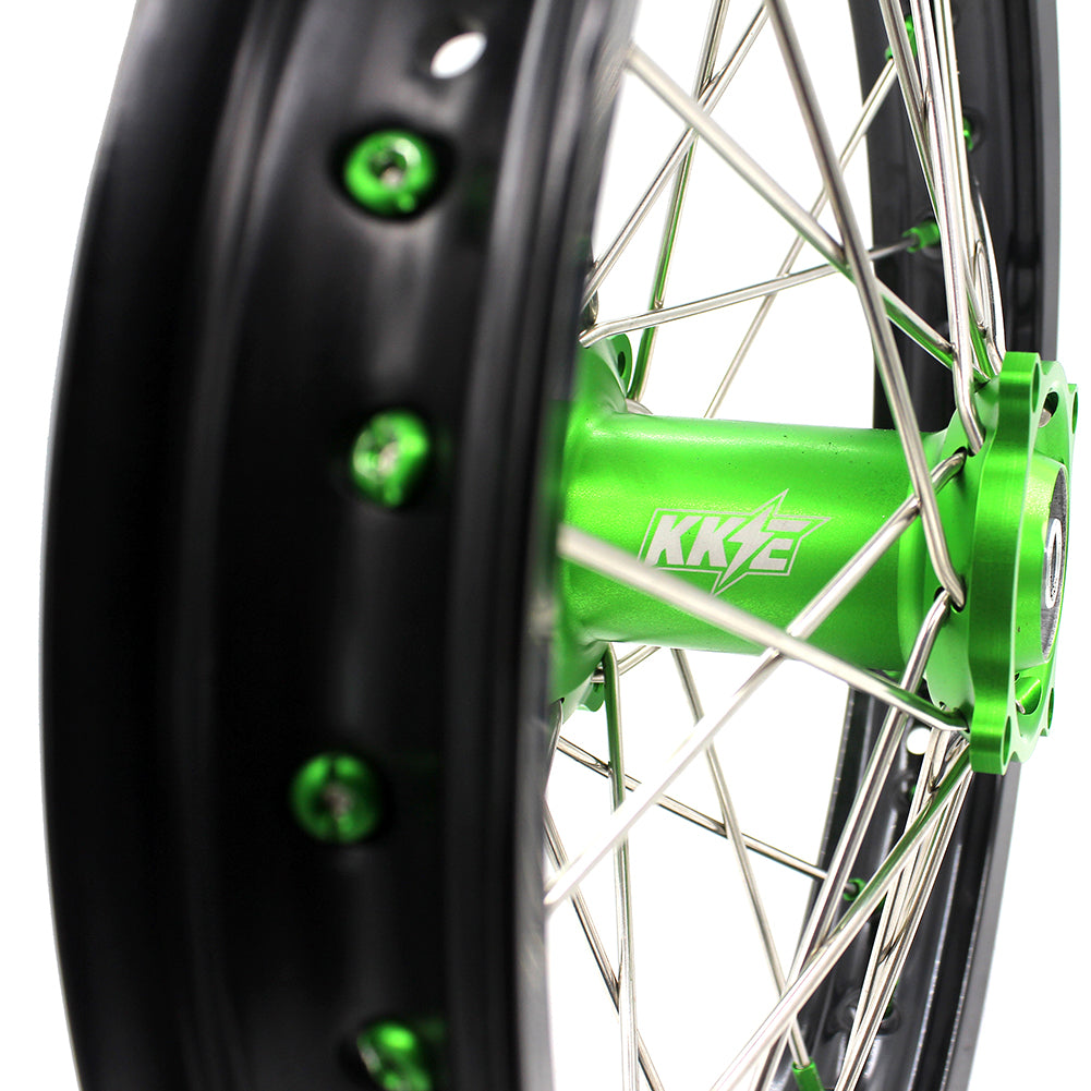 KKE 1.6"x19" & 1.85"x16" Wheels for Kawasaki KX / KLX — Green Hubs