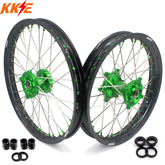 KKE 1.6*21 & 2.15*19 Wheels Rims Fit Kawasaki KX450 2019-2024 KX450X 2021-2024 Green Nipples