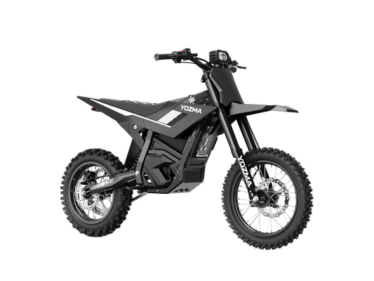 Yozma IN 11 black electric dirt bike, front three-quarter view