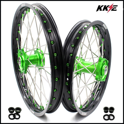 KKE 1.6"x19" & 1.85"x16" Wheels for Kawasaki KX / KLX — Green Hubs