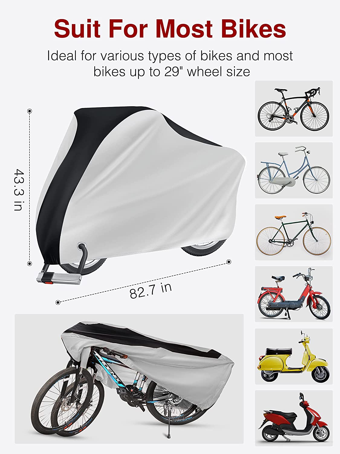 Bike Cover Outdoor Waterproof,  Covers Rain Sun UV Dust Wind Proof with Lock Hole for Mountain Road Electric Bike