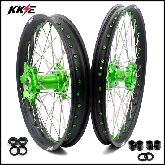 KKE 21 & 19 MX Wheels for Kawasaki KX250F 2019 and 2021 Green Nipple(2020 Excluded)