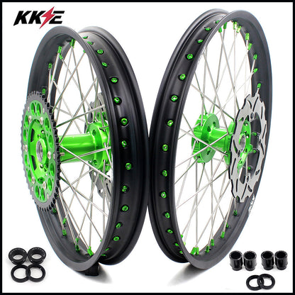 KKE 21 & 19 MX Wheels for Kawasaki KX250F 2019 and 2021 Green Nipple(2020 Excluded)