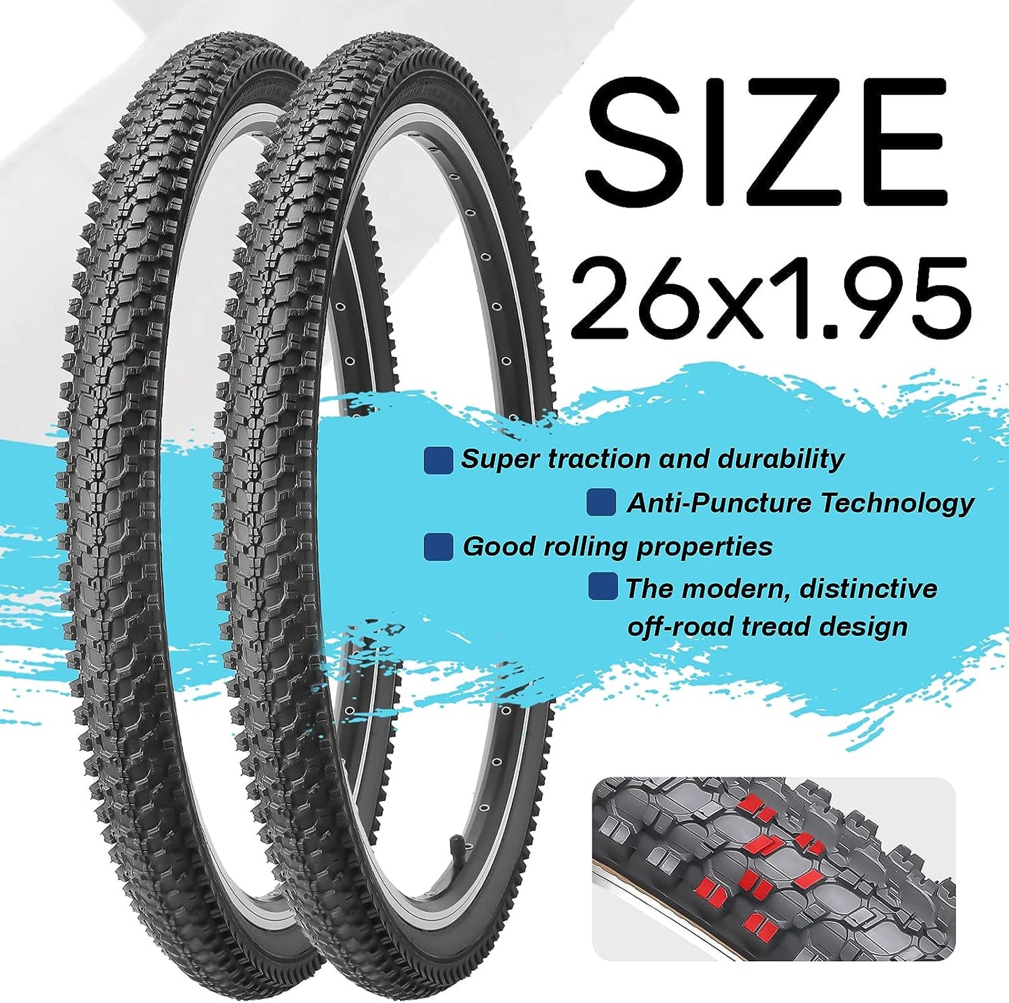 MTB Bicycle Tire, 26 x 1.95 Inch Folding Replacement Tire and Bike Tube