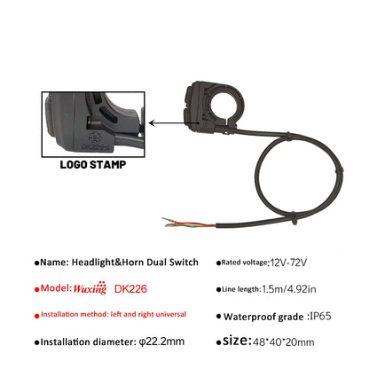 Electric Bike Scooter Light Switch Ebike Lamp and Horn Switch for Motorcycle Button Can Control Turn Signal Light 2 IN 1 DK226