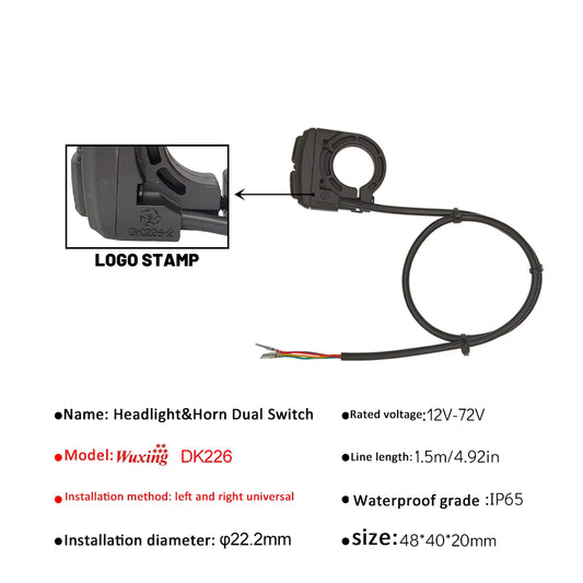 Electric Bike Scooter Light Switch Ebike Lamp and Horn Switch for Motorcycle Button Can Control Turn Signal Light 2 IN 1 DK226