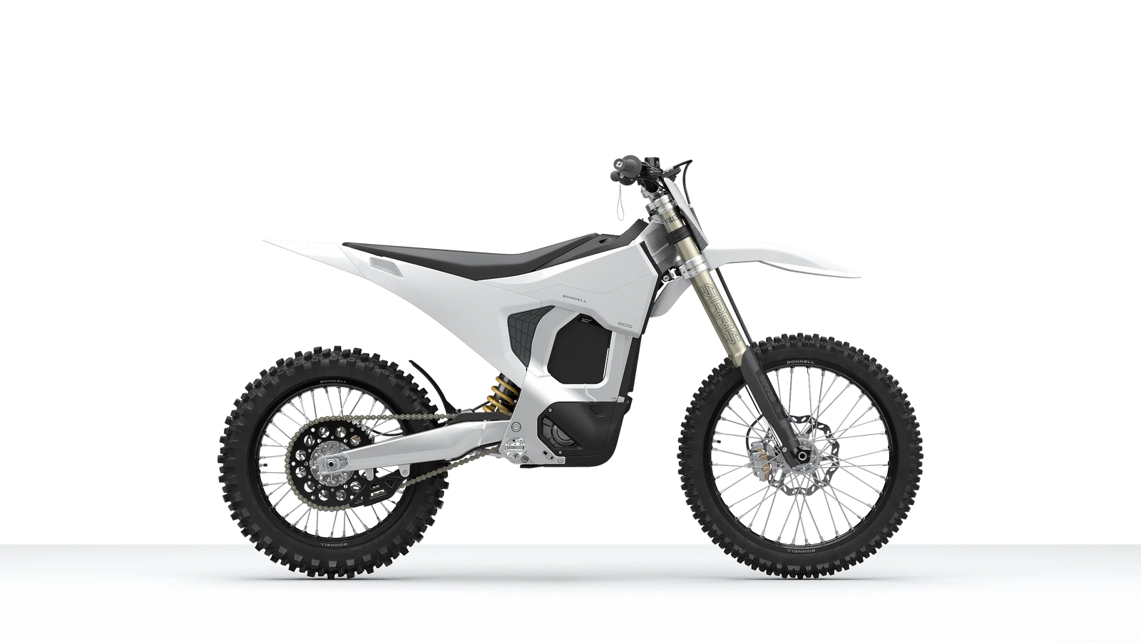 Bonnell 805 RX electric dirt bike in Helium White side profile