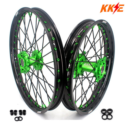 KKE 1.6*21 & 2.15*19 Wheels Rims Fit Kawasaki KX450 2019-2025 KX450X 2021-2025 Green Nipples & Black Spokes